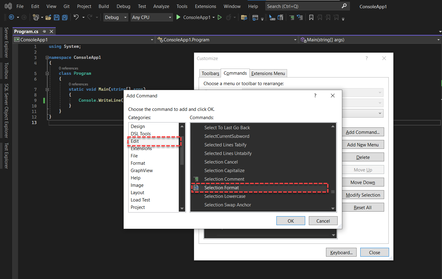 Format Selection - Customize Context Menu In Visual Studio 2022