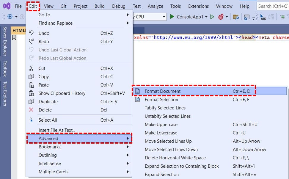 Format Entire Document CTRL-E, D