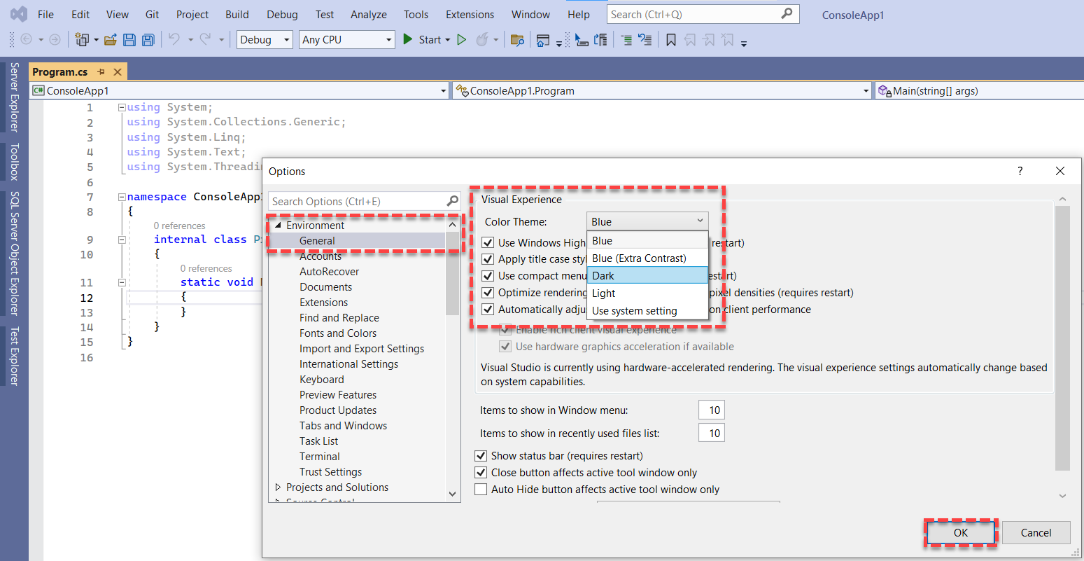 How to Change Visual Studio Theme? Screenshots Guide Dark vs Blue Theme